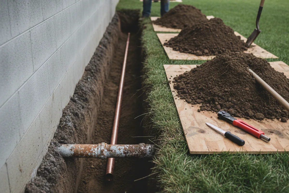 Excavated water line trench during Water Heater Repair in South Whitley
